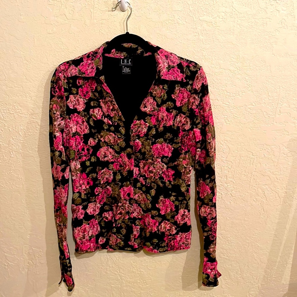 INC blouse - floral pink, green and black
